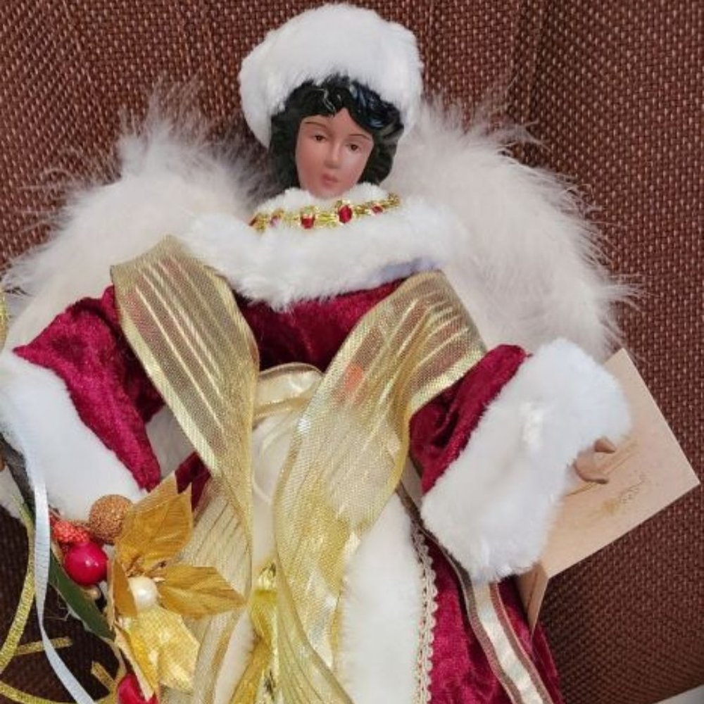 14-inch African American Angel Tree Top, garbed in luxurious, regal velvet robe